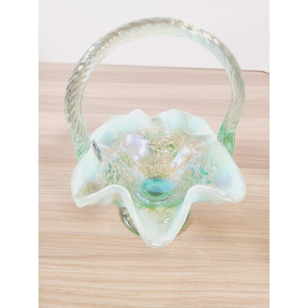Fenton Green Opalescent Iridescent‎ Ruffled Wavy Roses Floral Basket with Handle - Picture 3 of 7